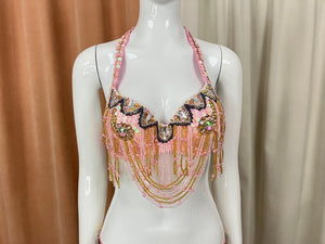 Belly Dance Costume, Women's Pink & Gold Beaded Sequin Halter Top & Hip Scarf Set, Embellished Tassel Fringe, Performance Apparel