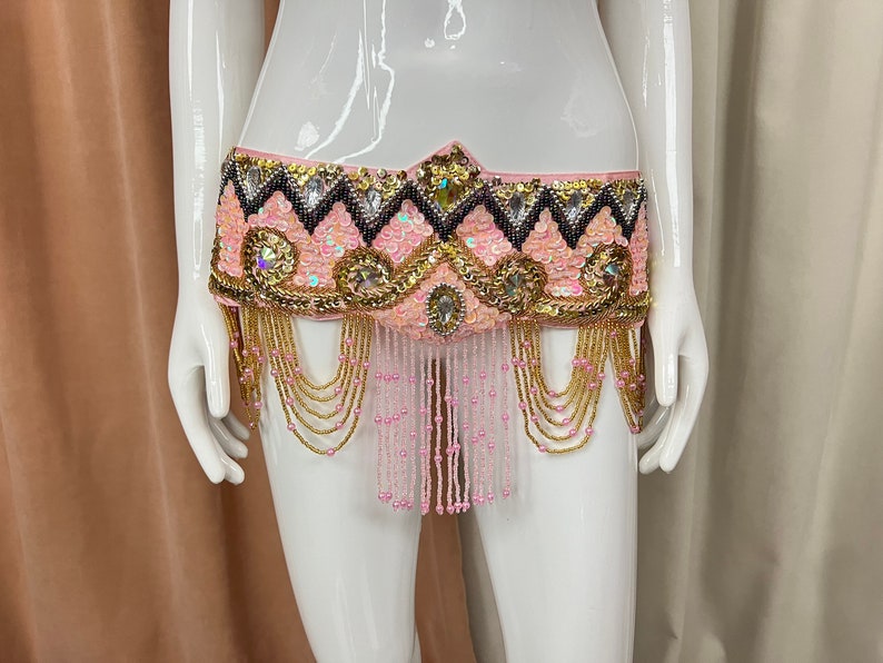 Belly Dance Costume, Women's Pink & Gold Beaded Sequin Halter Top & Hip Scarf Set, Embellished Tassel Fringe, Performance Apparel