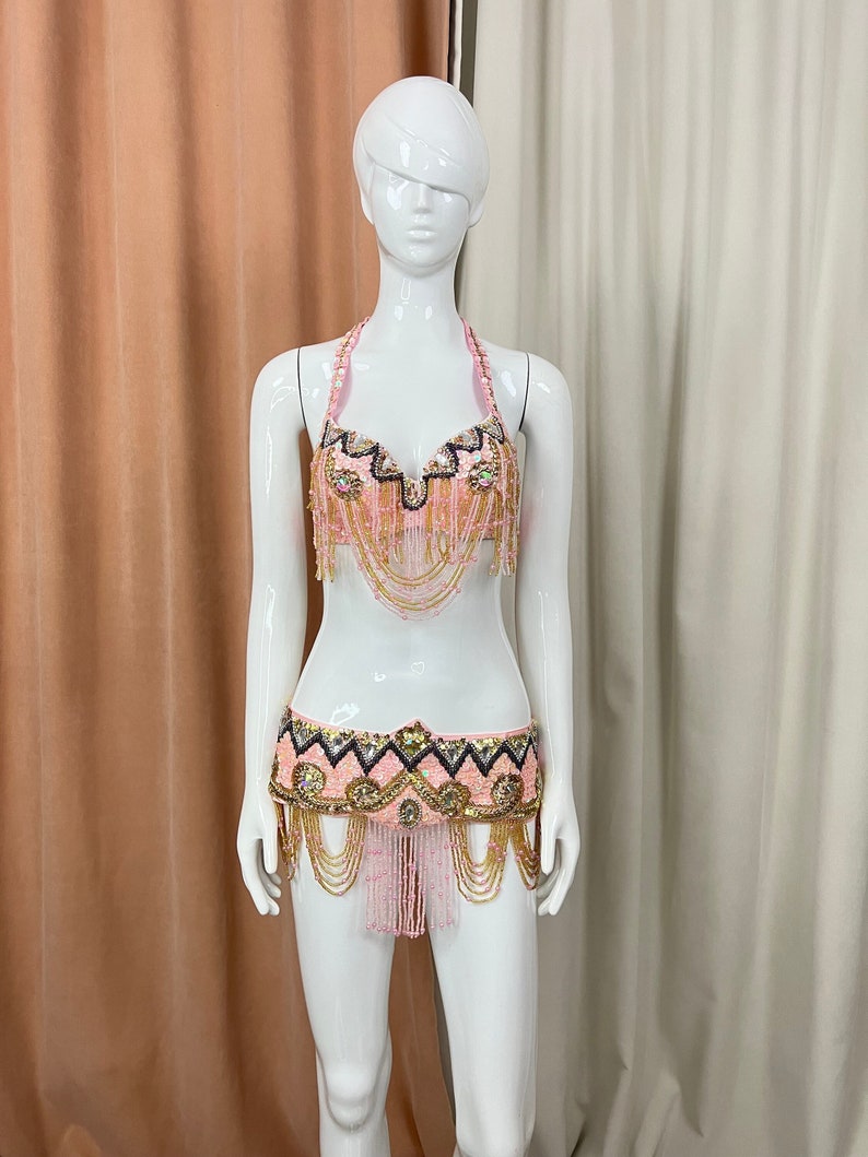 Belly Dance Costume, Women's Pink & Gold Beaded Sequin Halter Top & Hip Scarf Set, Embellished Tassel Fringe, Performance Apparel
