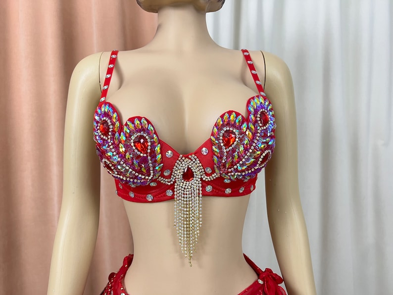 Belly Dance Bra and Belt Set, Women's Red Sequin & Rhinestone Embellished with Gold Coin Fringe, Performance Costume