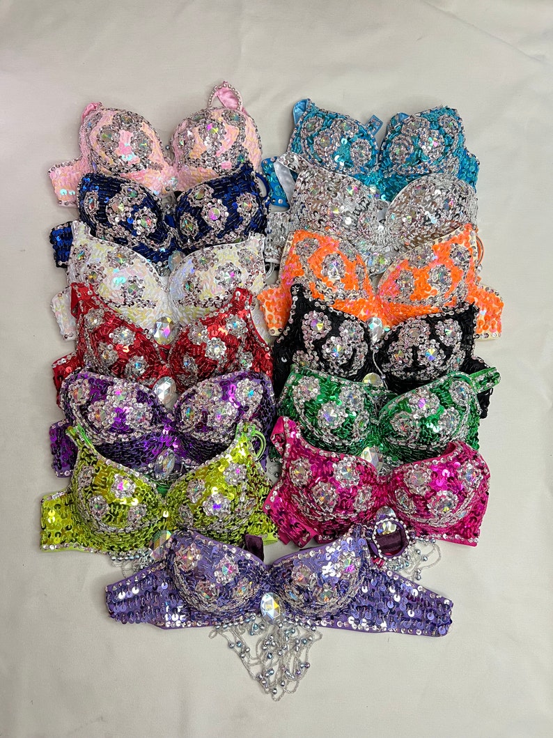 Belly Dance Halter Top Women's White Sequin Beaded Rhinestone Bra with Draped Fringe