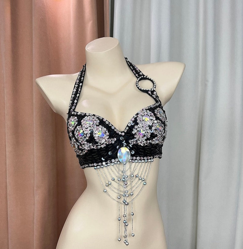 Belly Dance Halter Top, Women's Black Sequin & Rhinestone Beaded Fringe Bra, Performance Costume