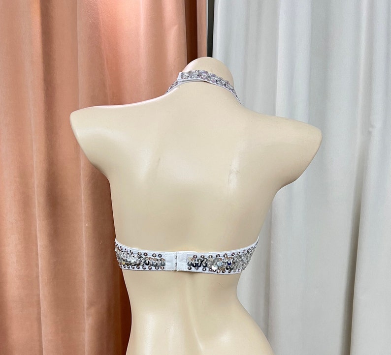 Belly Dance Halter Top, Women's Black Sequin & Rhinestone Beaded Fringe Bra, Performance Costume