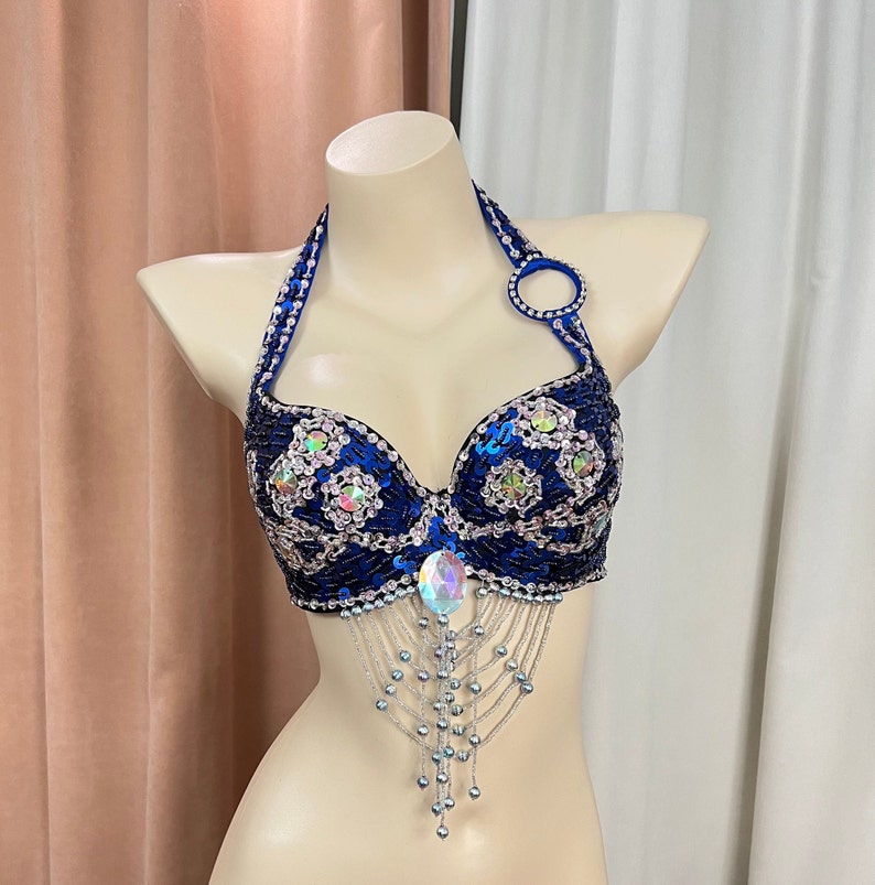 Belly Dance Halter Top, Women's Black Sequin & Rhinestone Beaded Fringe Bra, Performance Costume