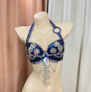 Belly Dance Halter Top, Women's Black Sequin & Rhinestone Beaded Fringe Bra, Performance Costume