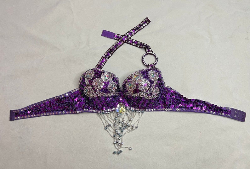 Belly Dance Halter Top Women's White Sequin Beaded Rhinestone Bra with Draped Fringe