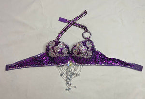 Belly Dance Halter Top Women's White Sequin Beaded Rhinestone Bra with Draped Fringe