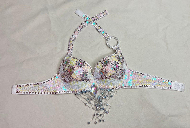 Belly Dance Halter Top Women's White Sequin Beaded Rhinestone Bra with Draped Fringe