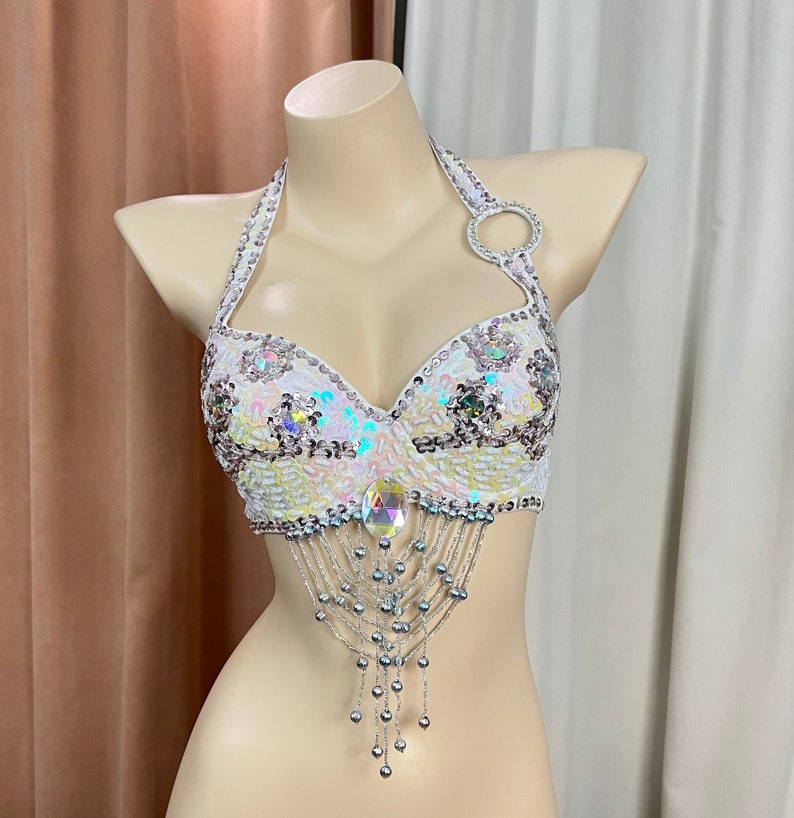 Belly Dance Halter Top Women's White Sequin Beaded Rhinestone Bra with Draped Fringe