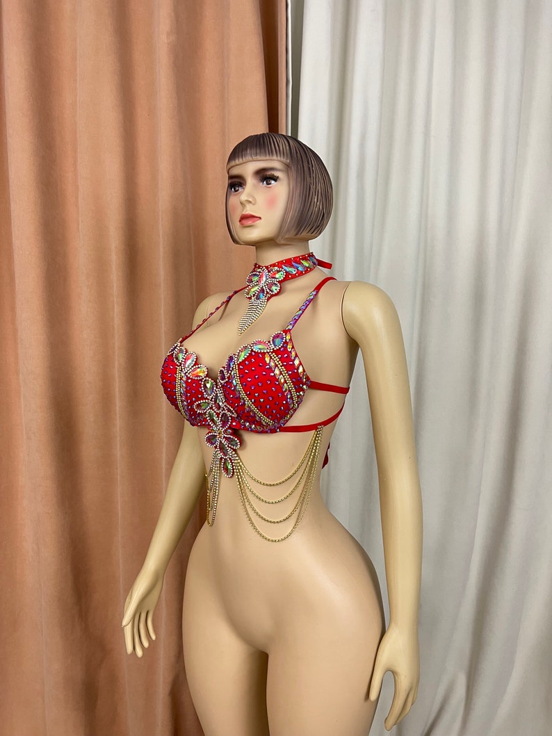 Belly Dance Women's Red Rhinestone Embellished Bra Top with Choker and Body Chains