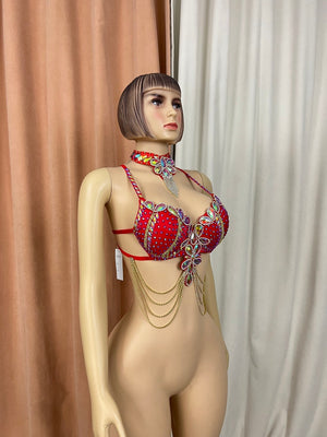 Belly Dance Women's Red Rhinestone Embellished Bra Top with Choker and Body Chains