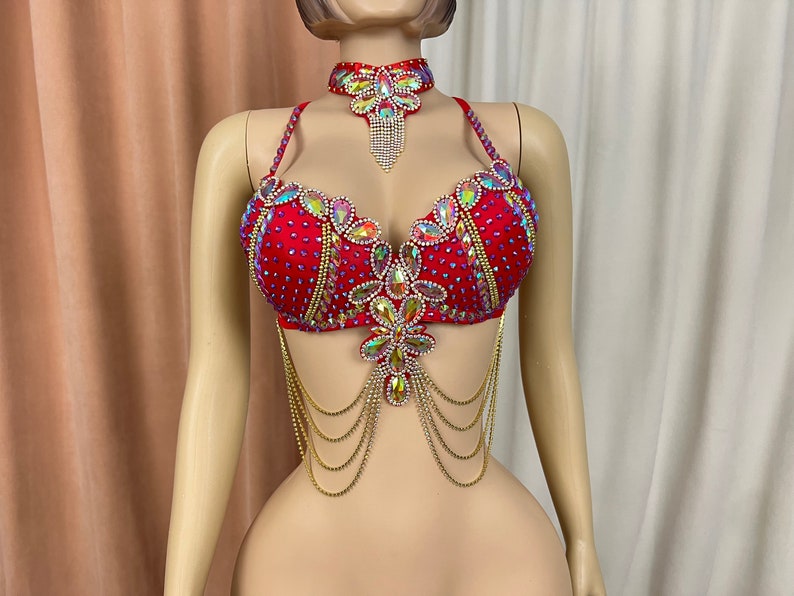 Belly Dance Women's Red Rhinestone Embellished Bra Top with Choker and Body Chains