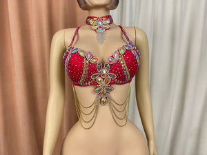 Belly Dance Women's Red Rhinestone Embellished Bra Top with Choker and Body Chains