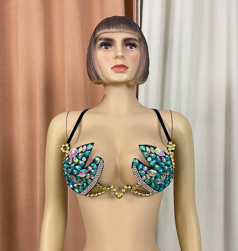 Dancing Bra Top, Women's, Teal/Gold, Embellished Jewel Open Cup, Belly Dance