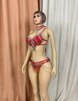 Belly Dance Costume Women's Red Embellished Rhinestone & Gold Chain Halter Bra and Hip Scarf Set for Performance