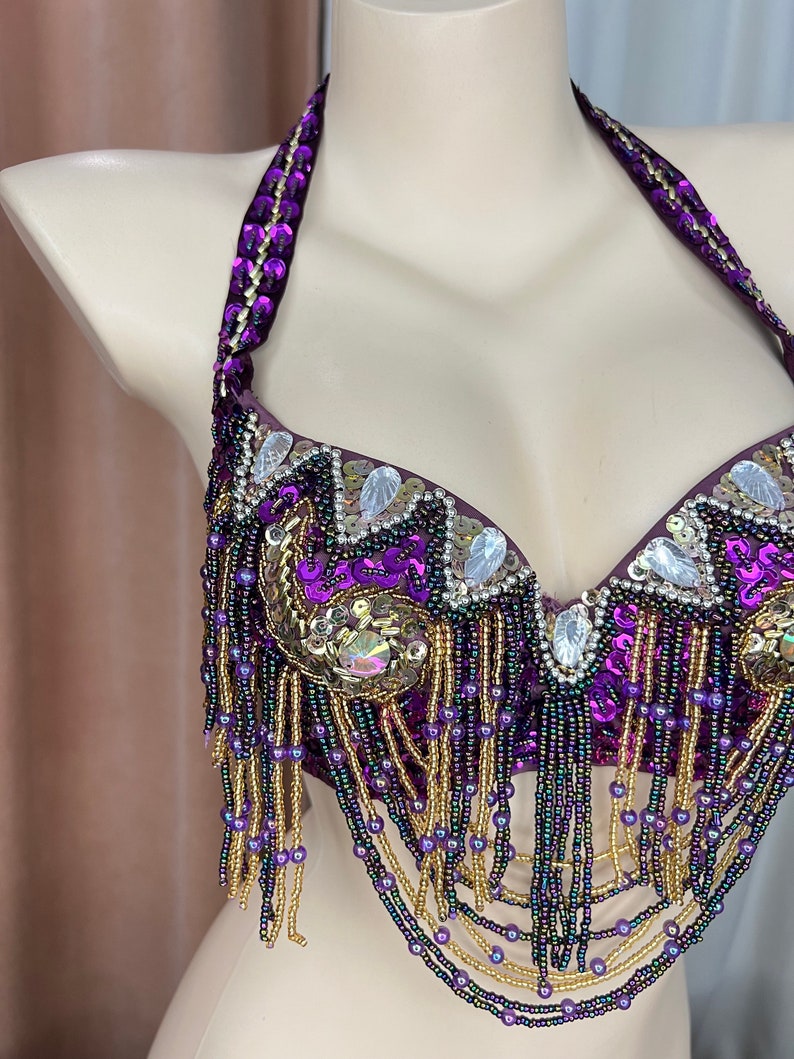 Belly Dance Bra Top, Women's Orange Beaded Halter Neck Sequin Fringe Costume Bra Top, Belly Dance