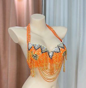 Belly Dance Bra Top, Women's Orange Beaded Halter Neck Sequin Fringe Costume Bra Top, Belly Dance