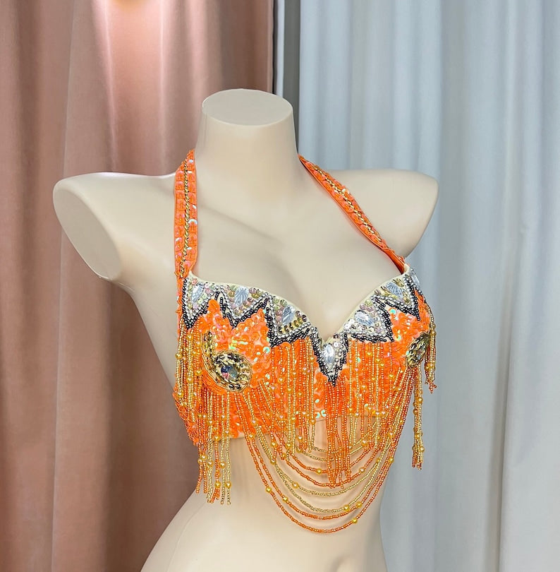 Belly Dance Bra Top, Women's Orange Beaded Halter Neck Sequin Fringe Costume Bra Top, Belly Dance