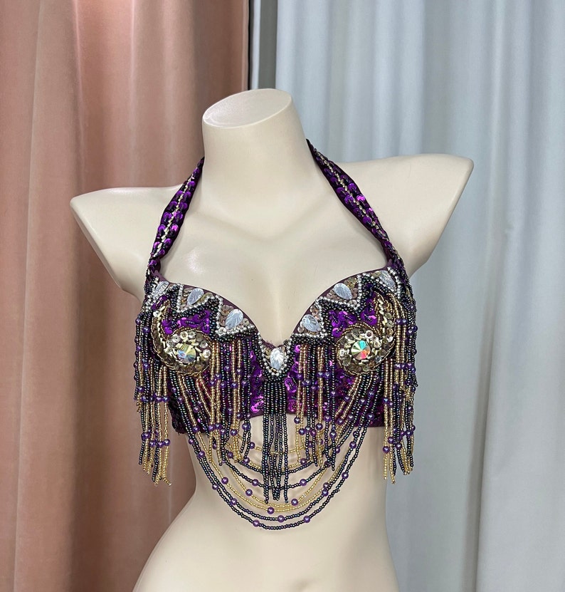 Belly Dance Bra Top, Women's Orange Beaded Halter Neck Sequin Fringe Costume Bra Top, Belly Dance