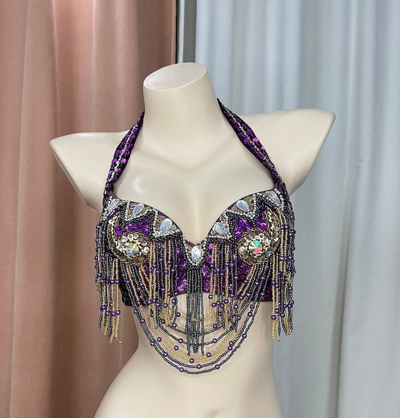 Belly Dance Bra Top, Women's Orange Beaded Halter Neck Sequin Fringe Costume Bra Top, Belly Dance