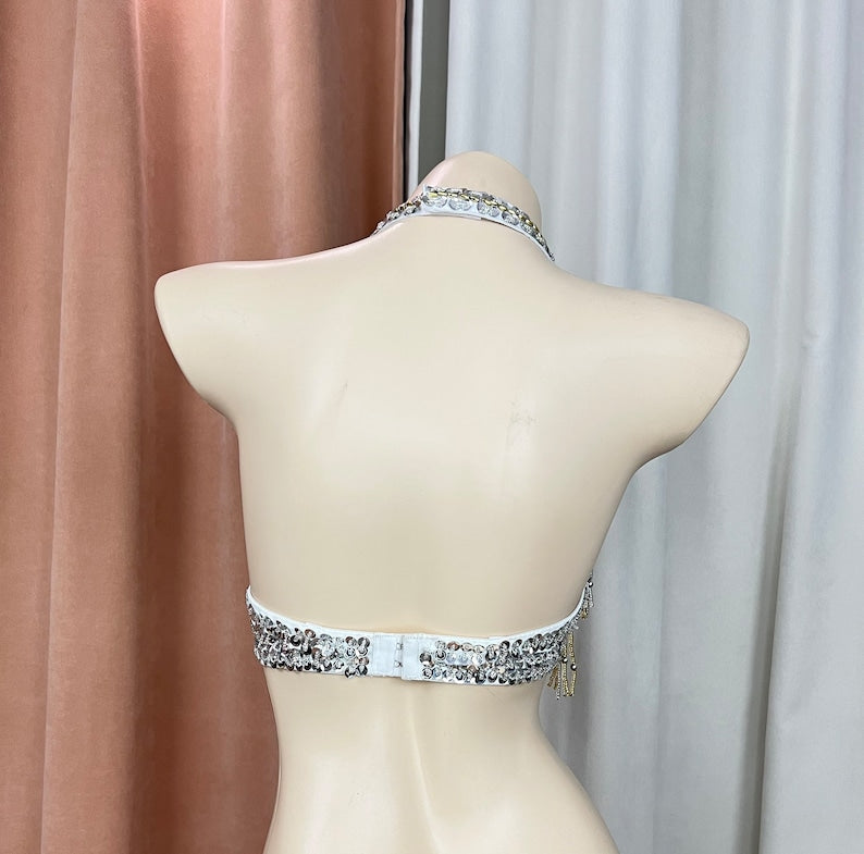 Women's White/Gold/Silver Sequin Beaded Halter Neck Belly Dance Bra Top - Tribal/Cabaret Style