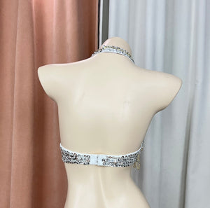 Women's White/Gold/Silver Sequin Beaded Halter Neck Belly Dance Bra Top - Tribal/Cabaret Style