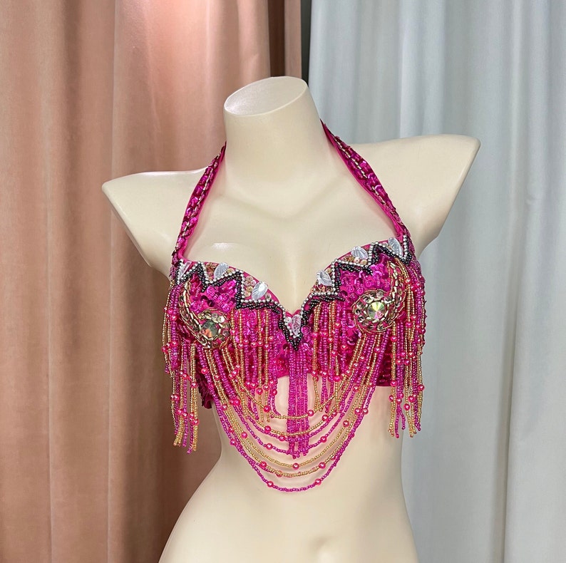 Women's White/Gold/Silver Sequin Beaded Halter Neck Belly Dance Bra Top - Tribal/Cabaret Style