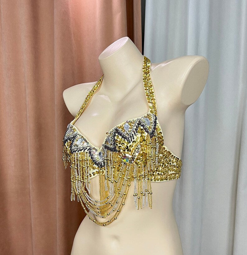 Women's White/Gold/Silver Sequin Beaded Halter Neck Belly Dance Bra Top - Tribal/Cabaret Style