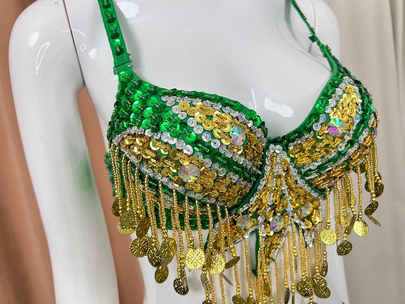 Belly Dance Costume Women's Emerald Green & Gold Sequin Coin Fringe Bra & Belt Set for Performance