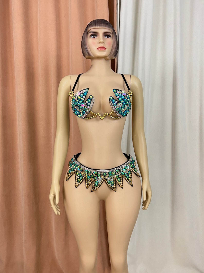Rhinestone Bra and Belt Set, Women's Green & Gold Sequin & Bead Embellished Dance Costume, Belly Dance & Rave Wear