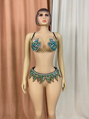 Rhinestone Bra and Belt Set, Women's Green & Gold Sequin & Bead Embellished Dance Costume, Belly Dance & Rave Wear
