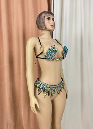 Rhinestone Bra and Belt Set, Women's Green & Gold Sequin & Bead Embellished Dance Costume, Belly Dance & Rave Wear