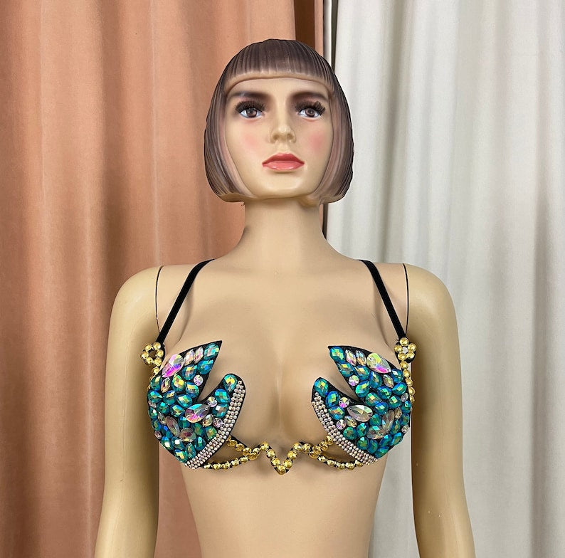 Rhinestone Bra and Belt Set, Women's Green & Gold Sequin & Bead Embellished Dance Costume, Belly Dance & Rave Wear