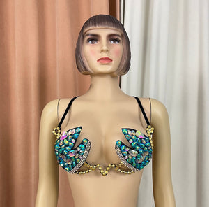 Rhinestone Bra and Belt Set, Women's Green & Gold Sequin & Bead Embellished Dance Costume, Belly Dance & Rave Wear