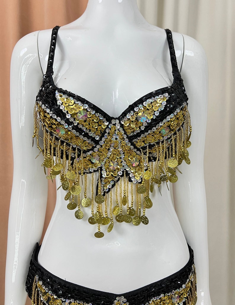 Belly Dance Bra and Belt Set, Women's Black & Gold Sequin Coin Fringe, Belly Dance