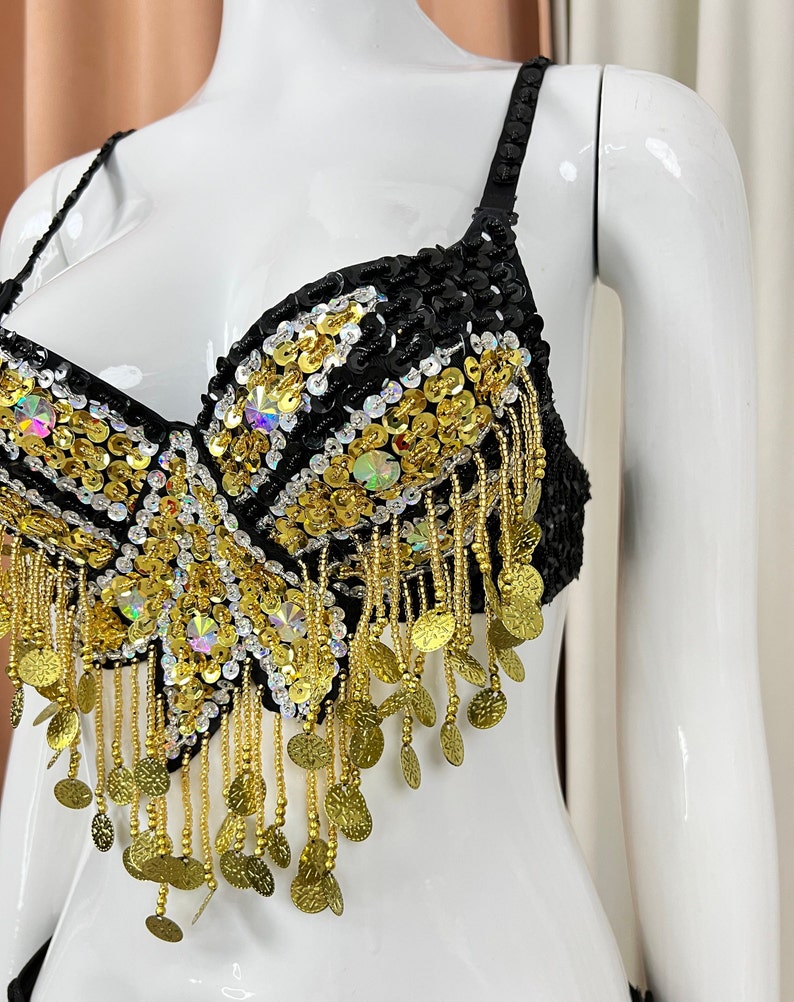 Belly Dance Bra and Belt Set, Women's Black & Gold Sequin Coin Fringe, Belly Dance