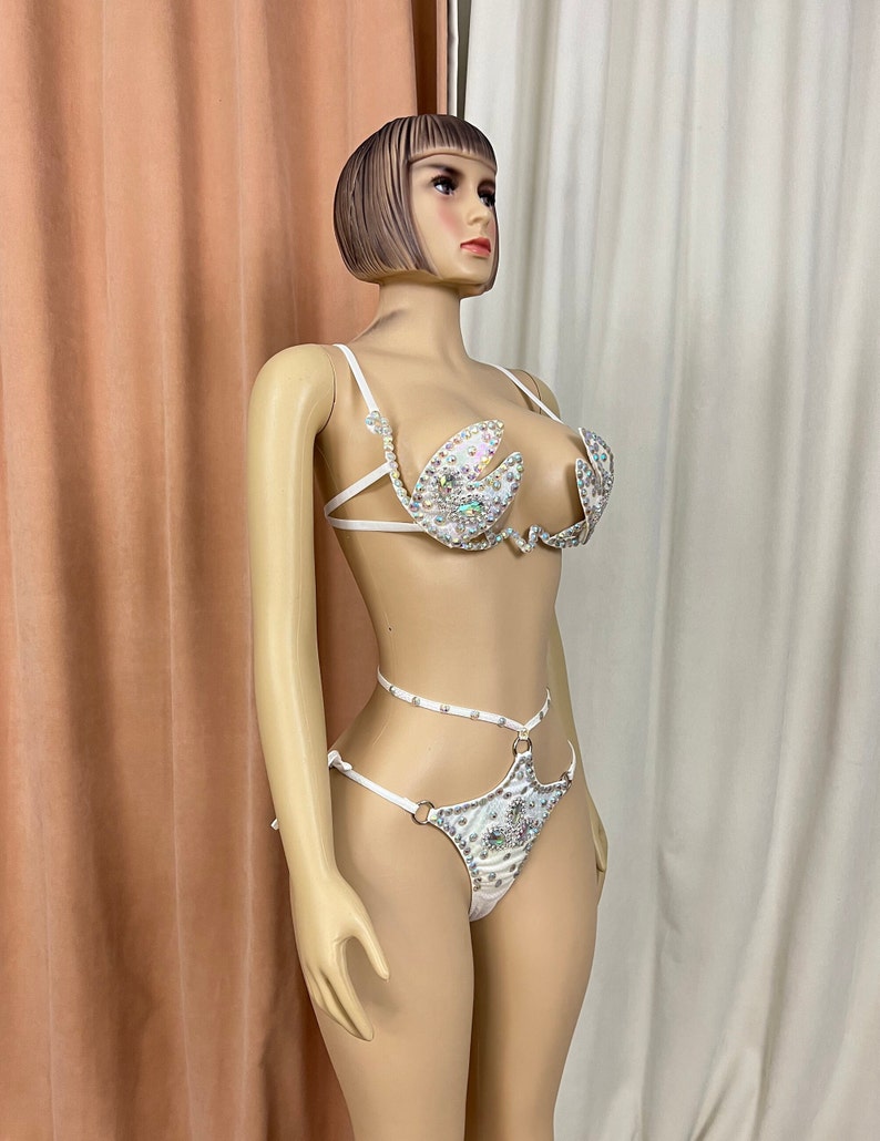 Women's White Sequin & Rhinestone Halter Neck Two-Piece Dance Set, Exotic Dancewear