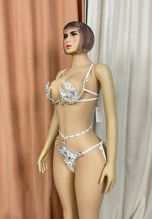 Women's White Sequin & Rhinestone Halter Neck Two-Piece Dance Set, Exotic Dancewear