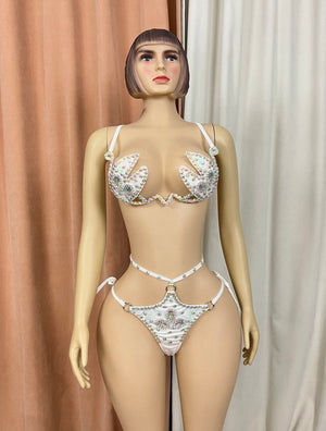 Women's White Sequin & Rhinestone Halter Neck Two-Piece Dance Set, Exotic Dancewear