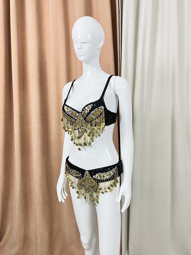 Belly Dance Bra and Belt Set, Women's Black & Gold Sequin Coin Fringe, Belly Dance