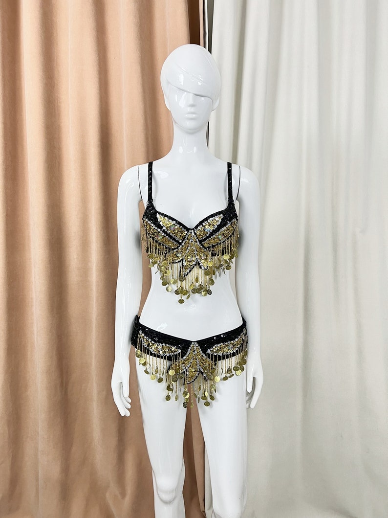 Belly Dance Bra and Belt Set, Women's Black & Gold Sequin Coin Fringe, Belly Dance