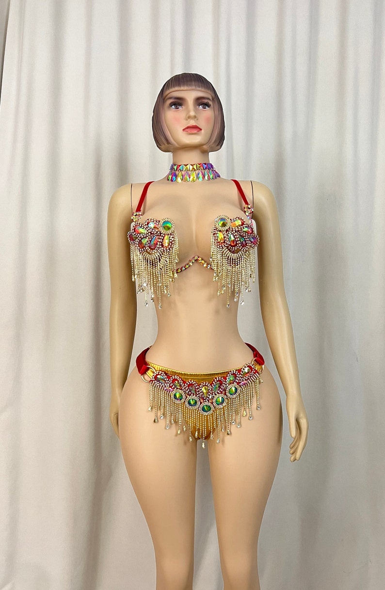 Women's Red and Gold Sequin Rhinestone Fringe Two-Piece Belly Dance Costume