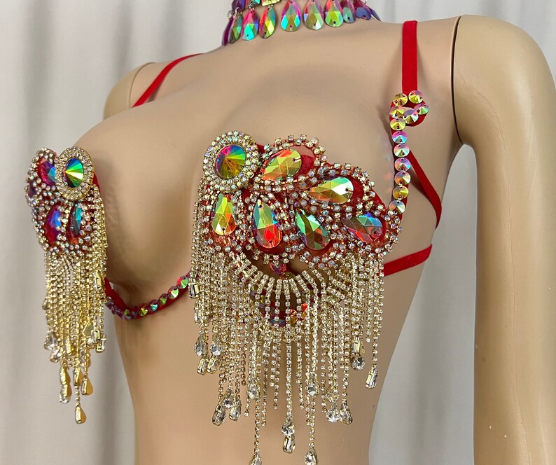 Women's Red and Gold Sequin Rhinestone Fringe Two-Piece Belly Dance Costume