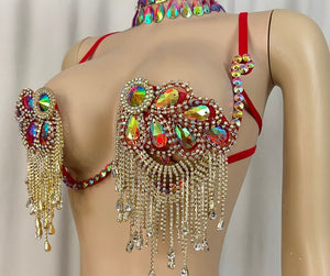 Women's Red and Gold Sequin Rhinestone Fringe Two-Piece Belly Dance Costume