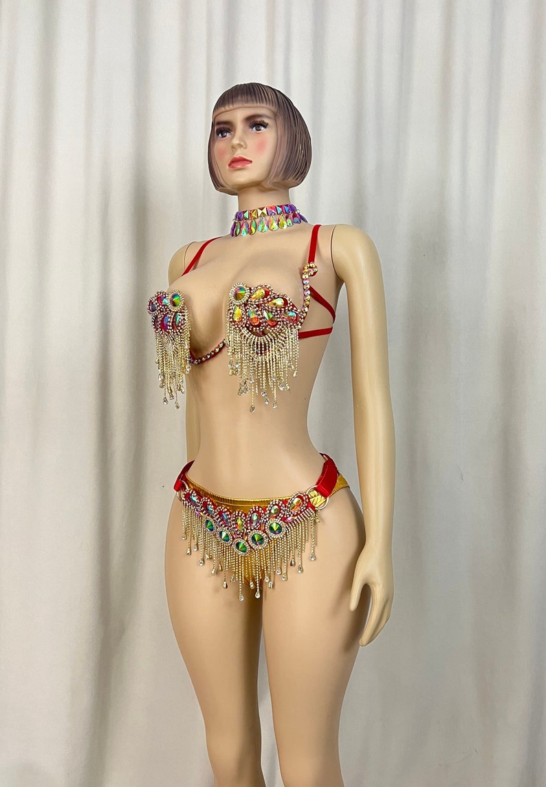 Women's Red and Gold Sequin Rhinestone Fringe Two-Piece Belly Dance Costume
