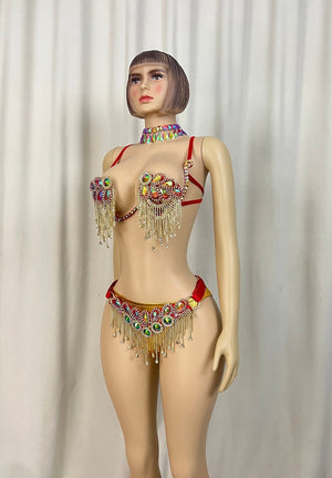 Women's Red and Gold Sequin Rhinestone Fringe Two-Piece Belly Dance Costume