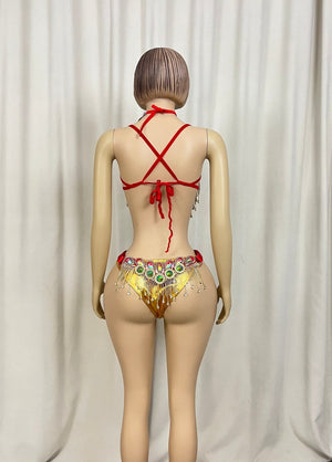 Women's Red and Gold Sequin Rhinestone Fringe Two-Piece Belly Dance Costume
