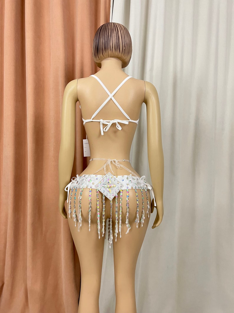 Rhinestone Fringe Belly Dance Bra and Belt Set - Women's White Iridescent Crystal Embellished Performance Costume