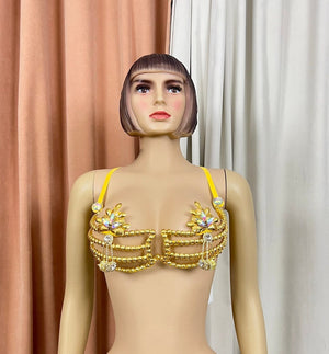 Dance Bra Top, Women's Yellow & Gold Bejeweled Chain Fringe Tribal Belly Dance Costume Top