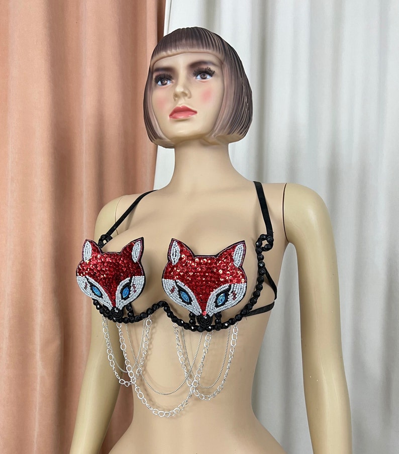 Sequin Fox Pasties Bra with Chains, Women's Red Beaded Festival Dance Top